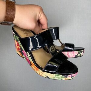 IMAN | Floral Black Wedges 7‎ Womans Strappy